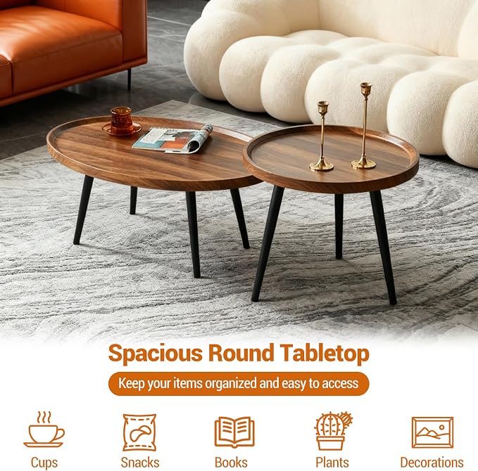 Garvee Nesting Coffee Table Set of 2, 2-Piece Walnut Coffee Tables, Mid Century - Image 6