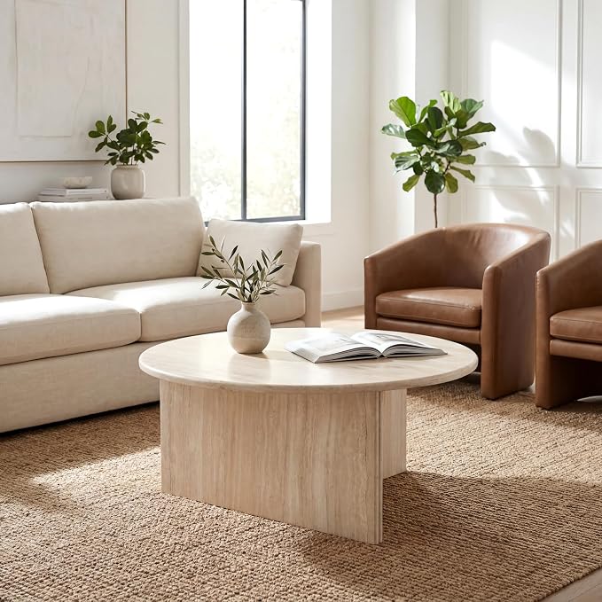 HNY Modern Round Coffee Table Marble Veneer Wood Center Table 31.5" Faux - Image 7