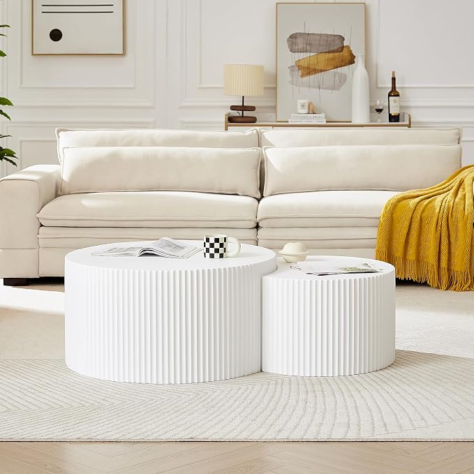 55.12'' White Round Nesting Coffee Table Set of 2, Modern Side End Table by JJKFurniture-kevinplus