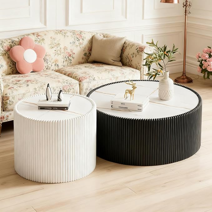 SSLine Round Drum Coffee Table Modern Sintered Stone Top Side End Table in - Image 7