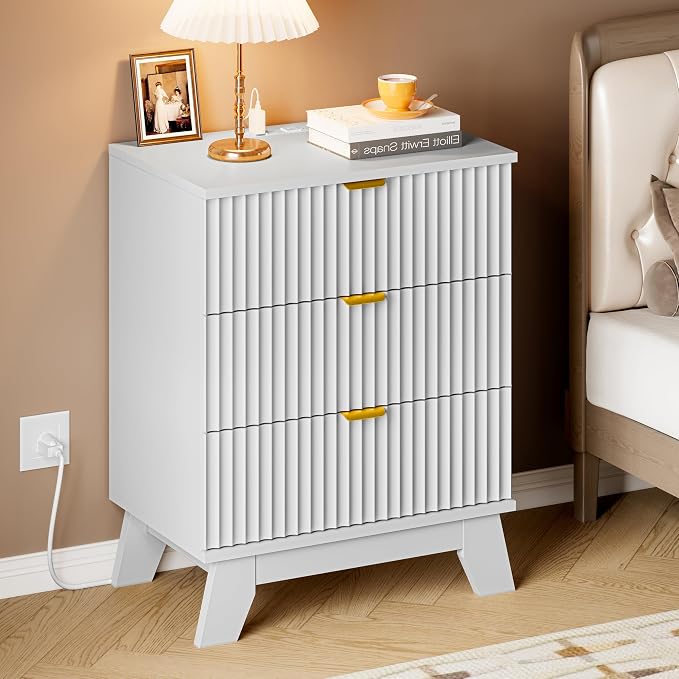 BORNOON 30.5" Nightstand with Charging Station, 3-Drawer Fluted Bedroom Chest - Image 6