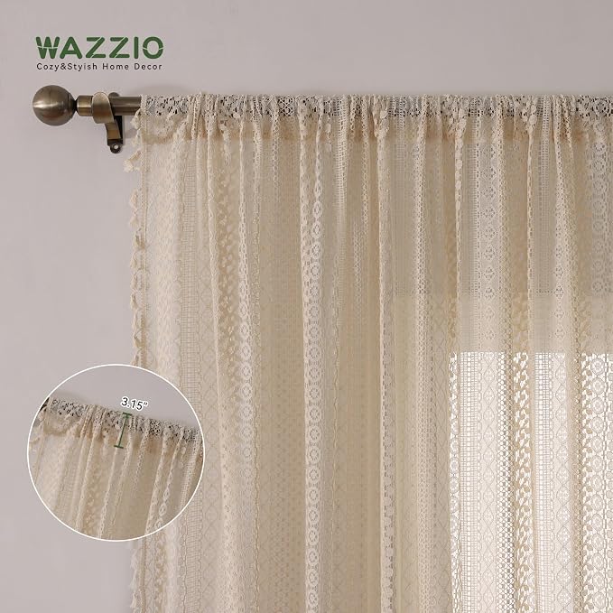 WAZZIO Boho Lace Curtains 63 Inches 2 Panel, Light Filtering Privacy Tassel & - Image 7