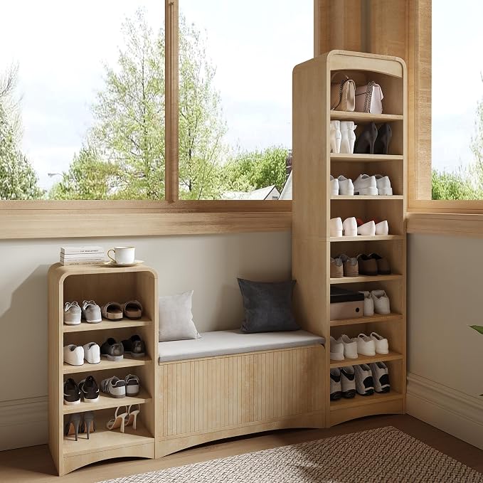 Shoe Cabinet with Bench, L-Shaped Shoe Storage Cabinet, Wood Tall Shoe Rack - Image 7