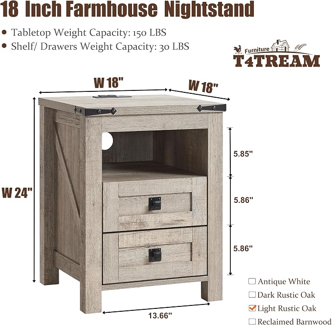 T4TREAM Nightstand with Charging Station, End Table, Side Table with 2 Drawers - Image 2