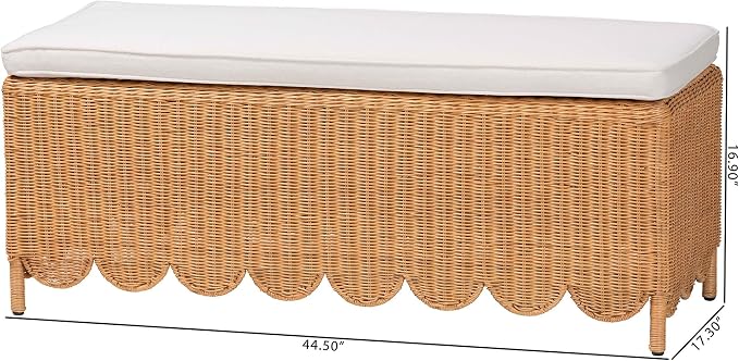 Bali & pari Teresa Bohemian Light Honey Scalloped Rattan Ottoman Bench - Image 3