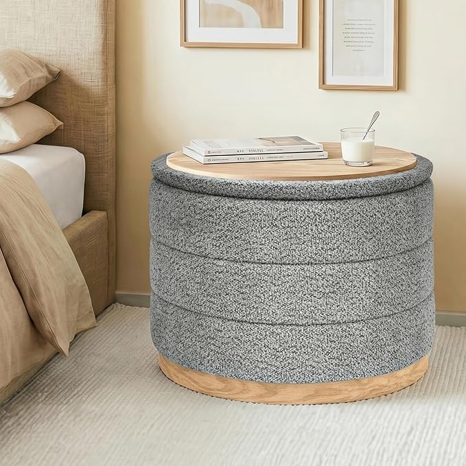 Round Storage Ottoman with Tray Lid, Folding Chenille Fabric Footrest with - Image 2