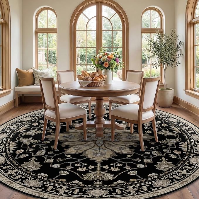 RELEANY Area Rugs Round 10ft Washable Non-Slip, Floral Vintage Distress Print - Image 3
