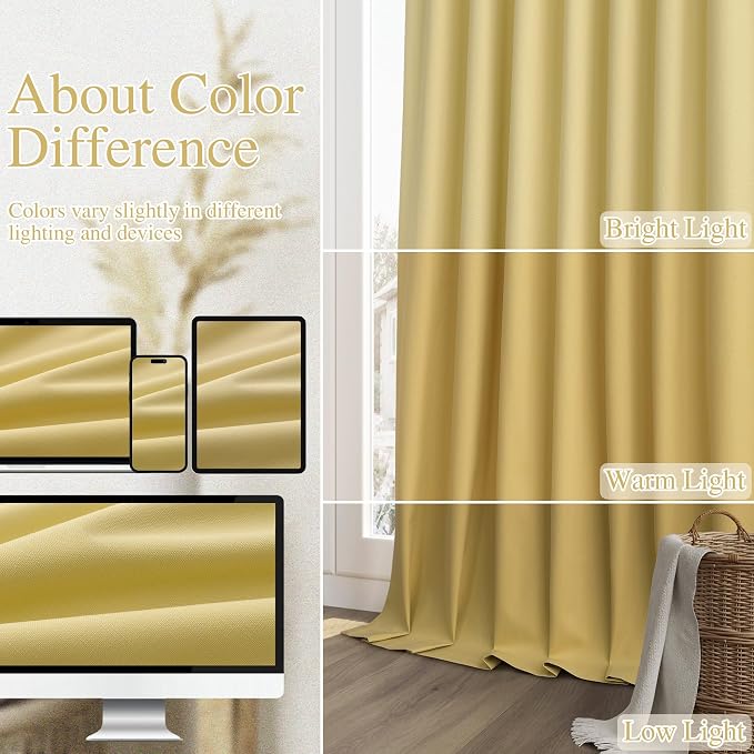 Guken Yellow 100% Blackout Linen Curtains 108 Inch Length 2 Panels Set - Image 7