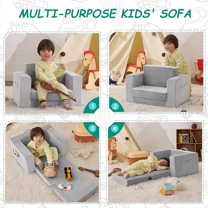 Kids Couch, 2-in-1 Toddler Chair Comfy 1-3 Years Old, Convertible Kids Chair - Image 6
