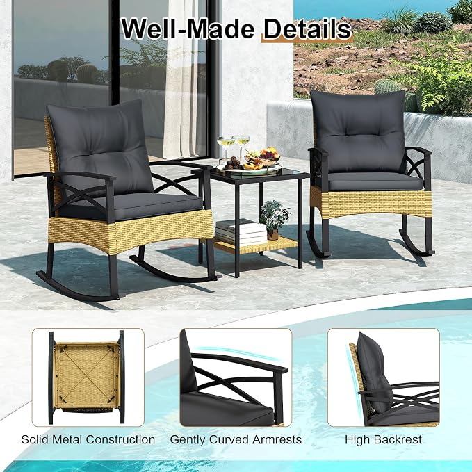 Tangkula 3 Pieces Outdoor Rocking Chairs Set, Rattan Heavy Duty Cushioned - Image 9