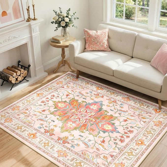 RELEANY Area Rugs 4'x5' Washable Non-Slip, Floral Vintage Distress Print by RELEANY