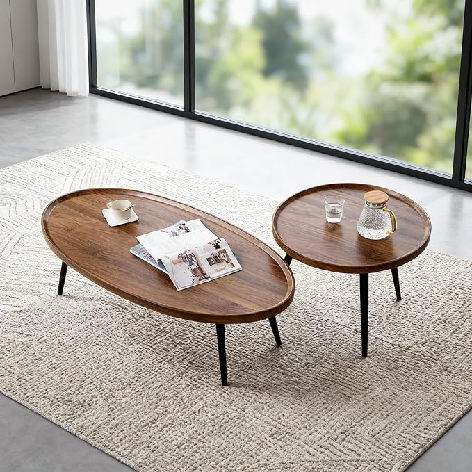 Garvee Nesting Coffee Table Set of 2, 2-Piece Walnut Coffee Tables, Mid Century - Image 8