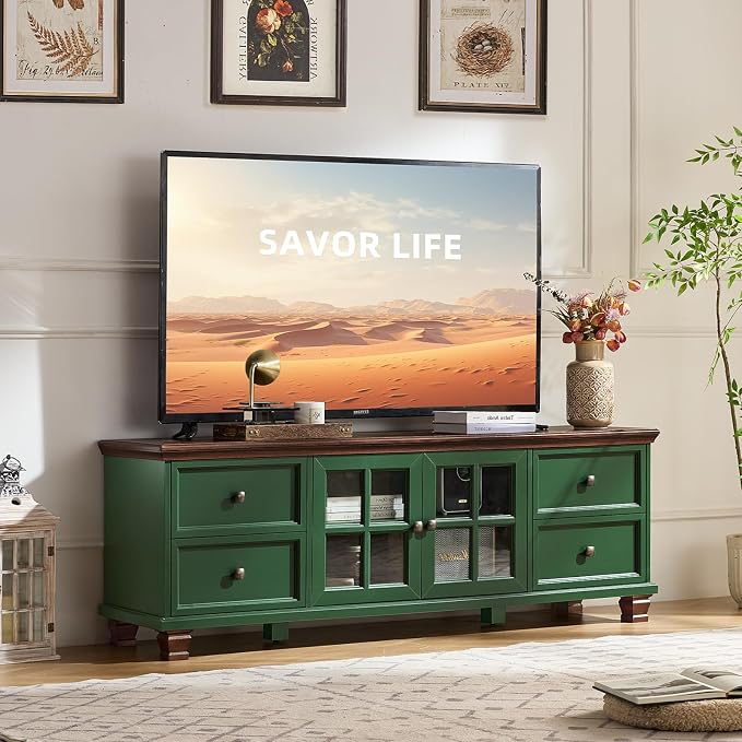 SAVOR LIFE Farmhouse TV Stand for Living Room, Rustic Green Entertainment Center by SAVORLIFEFurniture