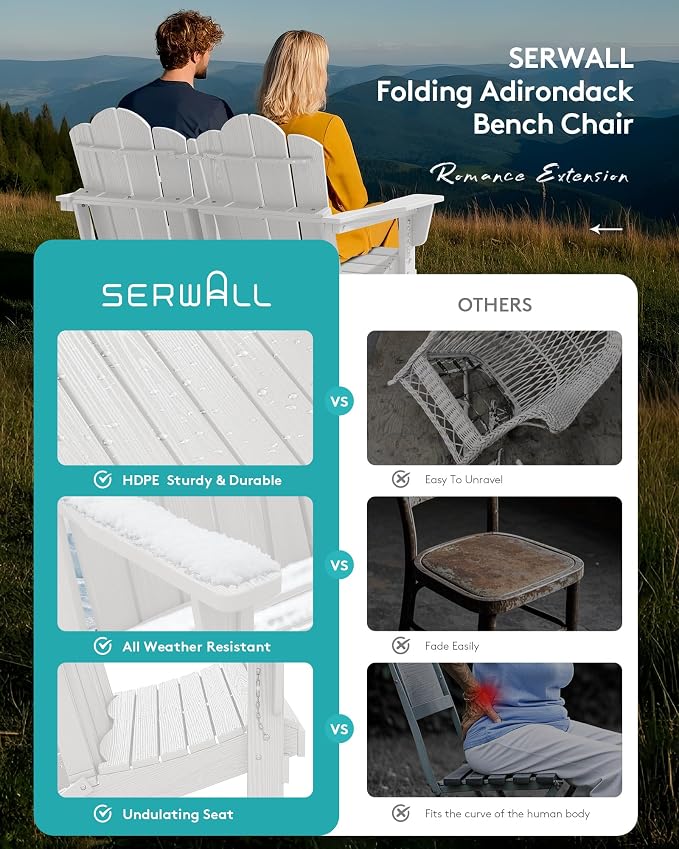 SERWALL Folding Adirondack Bench Set of 2, HDPE All-Weather Adirondack Loveseat - Image 5