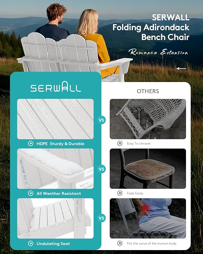 SERWALL Folding Adirondack Bench, HDPE All-Weather Adirondack Loveseat - Image 5