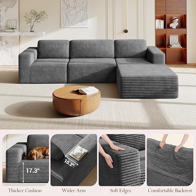 Vesgantti 119" L-Shaped Modular Sectional Sofa, Corduroy Cloud Couch - Image 8