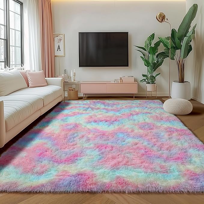 ONASAR Rainbow Area Rugs for Girls Bedroom, 4x6 Fluffy Bedside Colorful Rug - Image 5