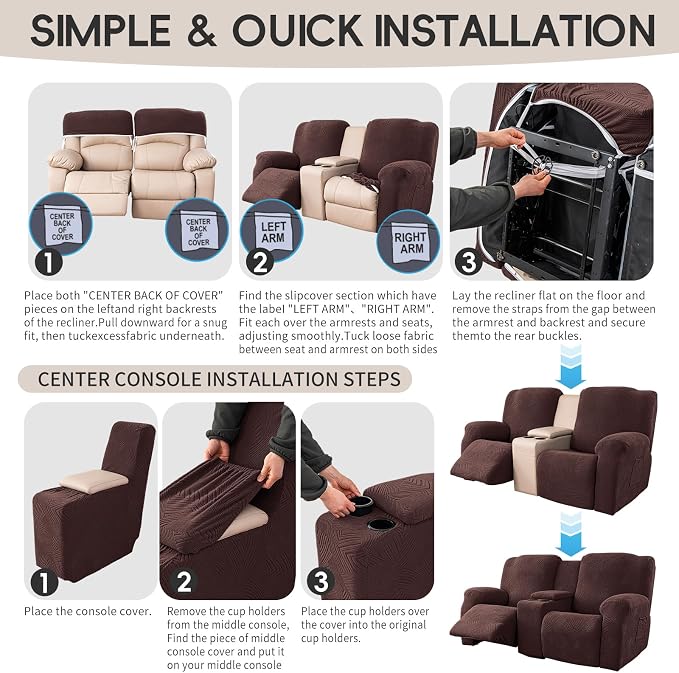 Recliner Loveseat Covers with Console, 6-Piece Stretch Geometric Strokes - Image 8