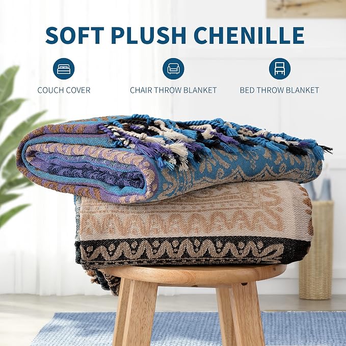 Boho Chair Cover Colorful Chenille Tassels Hippie Throw Blanket - Image 6