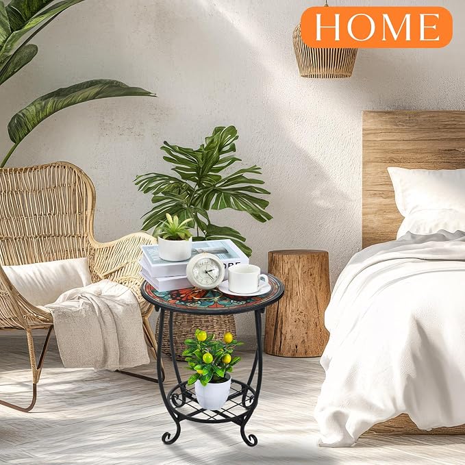 Cinnvoice Outdoor Side Table Round Small Mosaic Patio Accent Indoor End Plant - Image 2