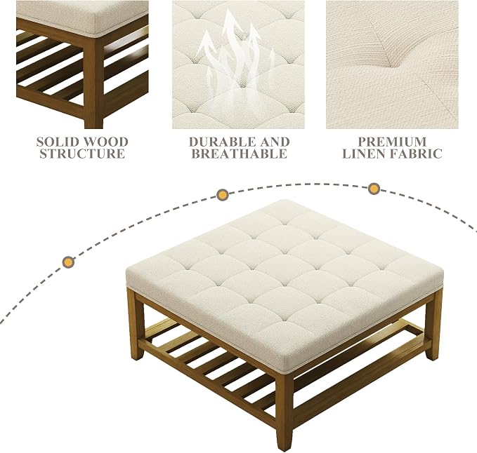 Befurtori Large Square Ottoman Coffee Table, Linen Solid Upholstered Footrest - Image 6
