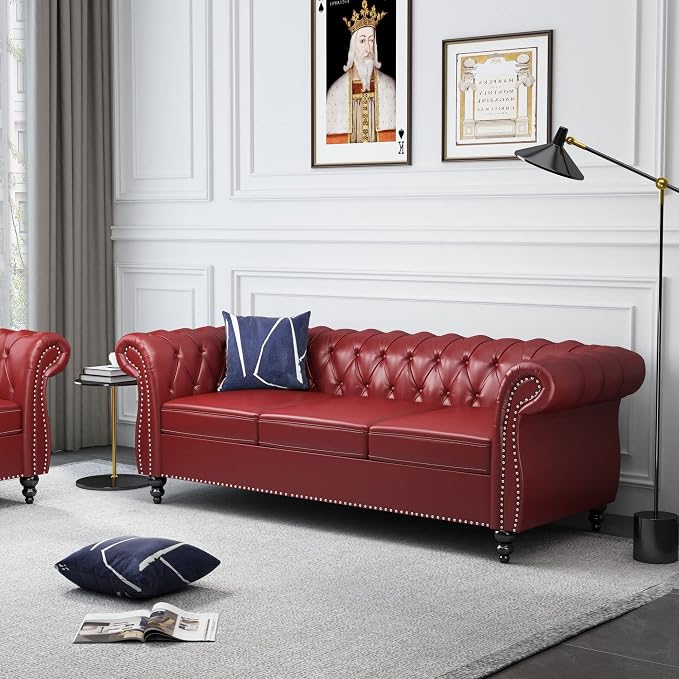 ORRD 2 Piece Living Room Set, Chesterfield Leather Sofa Loveseat Couch Chair - Image 4