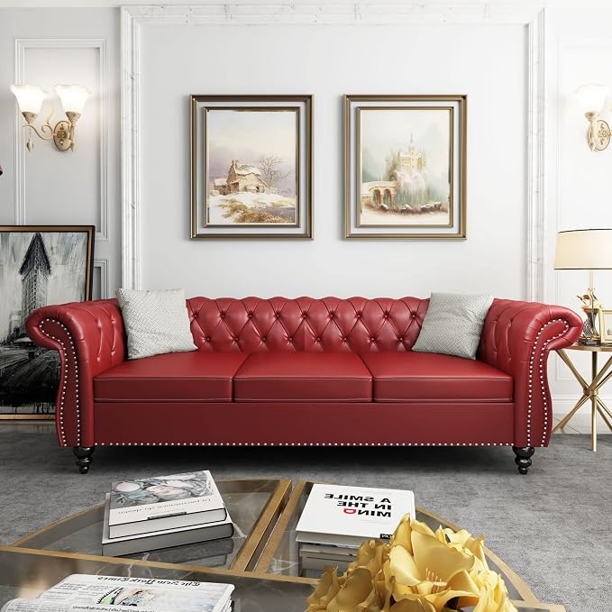 ORRD 2 Piece Living Room Set, Chesterfield Leather Sofa Loveseat Couch Chair - Image 3
