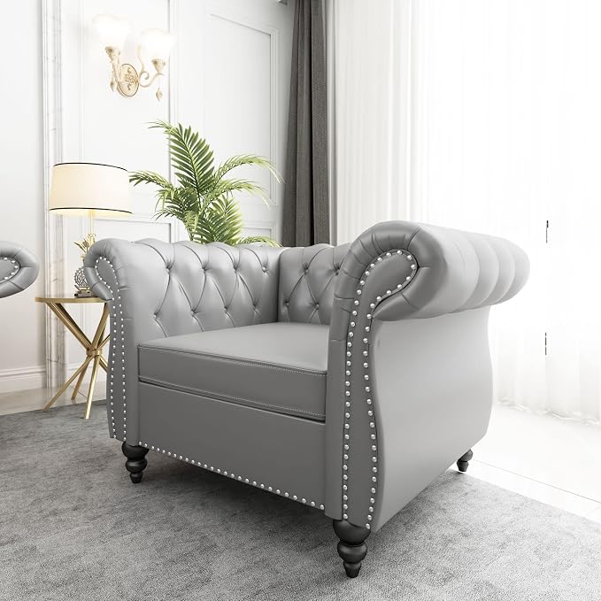 ORRD 2 Piece Living Room Set, Chesterfield Leather Sofa Couch Chair - Image 5