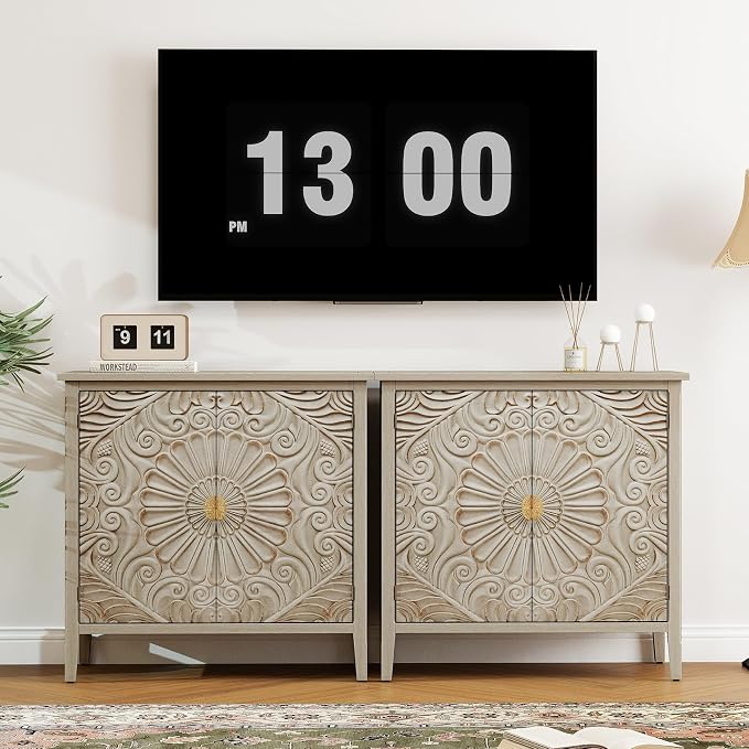 Carved Buffet Cabinet with Floral Pattern & Gold Handle, 31.5" W Distressed - Image 9