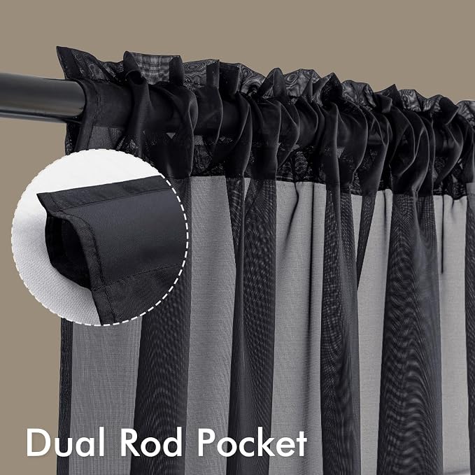 MIULEE Black Sheer Curtains 84 Inches Long, 4 Panels Set, Light Filtering Rod - Image 3