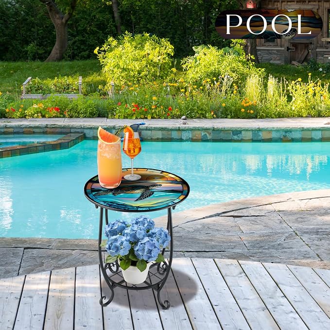 Cinnvoice Outdoor Side Table Round Small Mosaic Patio Accent Indoor End Plant - Image 2