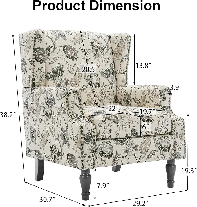 Floral Print Wingback Accent Chair, Retro Modern Farmhouse Armchair - Image 2