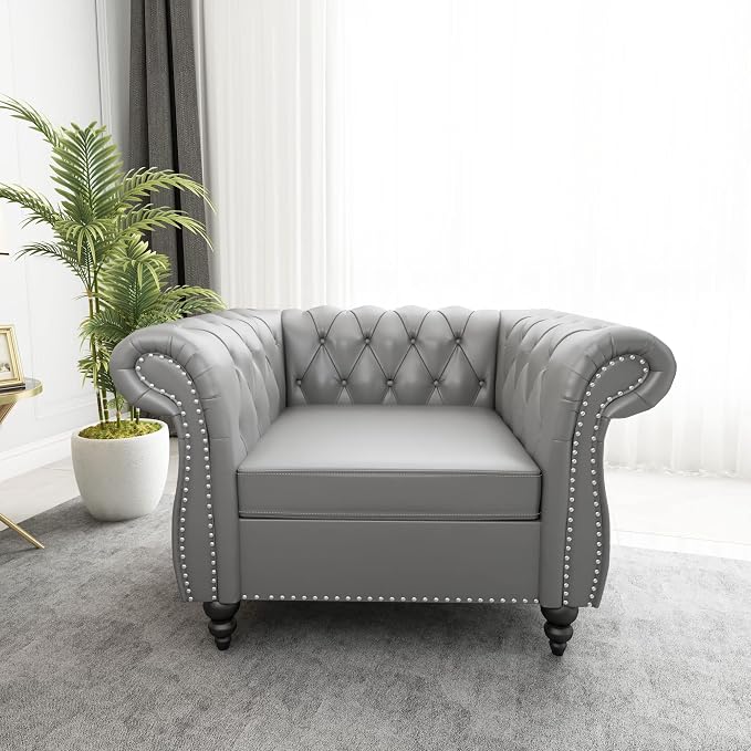 ORRD 2 Piece Living Room Set, Chesterfield Leather Sofa Couch Chair - Image 4