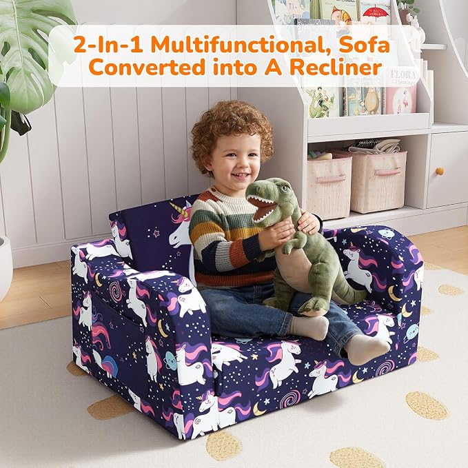 MeMoreCool Kids Folding Couch – Purple Unicorn Toddler Chair, Fold-Out 2-in-1 - Image 5
