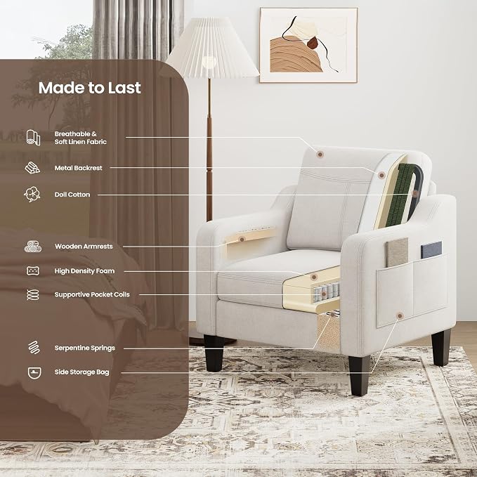 Accent Chair for Living Room Modern Linen Upholstered Armchair Side Wooden - Image 9