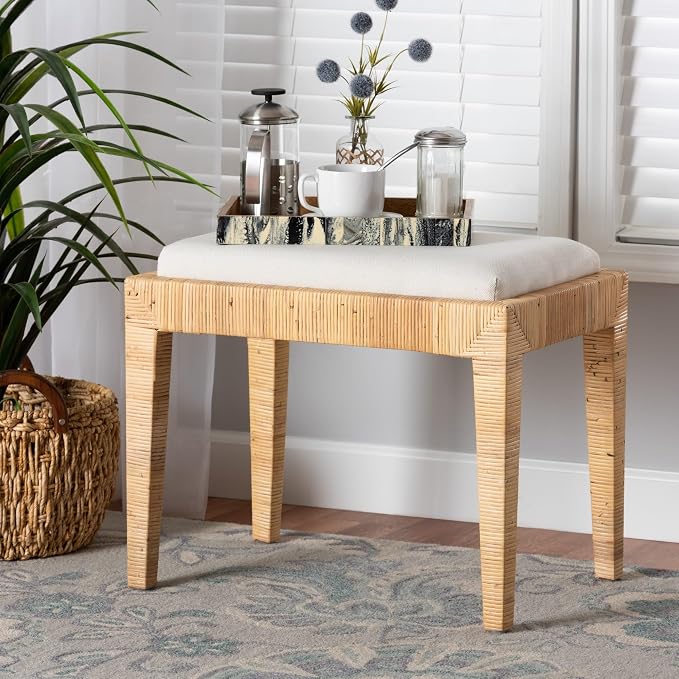 Modern Bohemian Natural Brown Rattan and Mahogany Wood Ottoman Cream Eclectic by Unknown