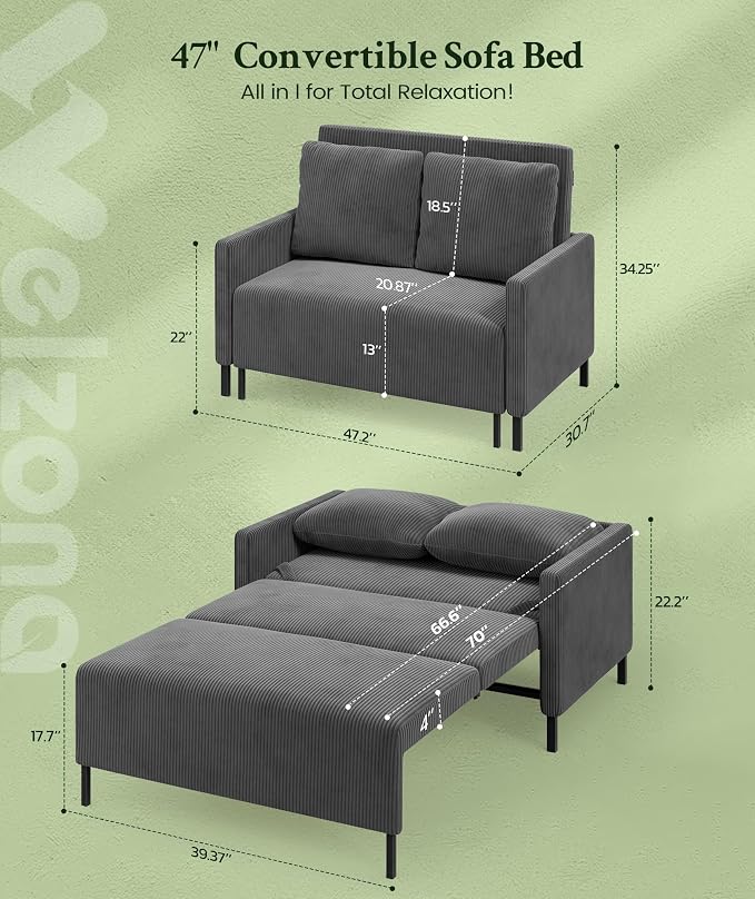 Welzona 47.2" Convertible Sofa Bed Couch, Comfy Corduroy Loveseat Sleeper Sofa - Image 3