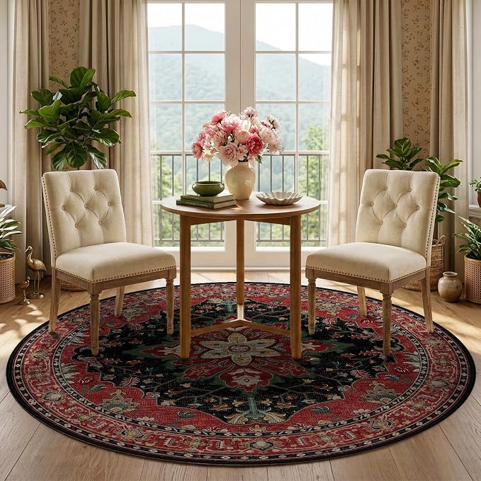 RELEANY Area Rugs Round 5ft Washable Non-Slip, Floral Vintage Distress Print - Image 2