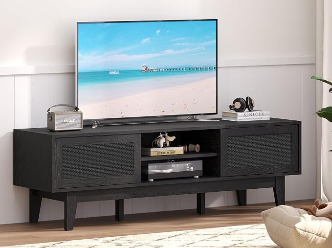 Xixini Boho TV Stand for 55 65 Inch TV, Rattan Entertainment Center by Xixini