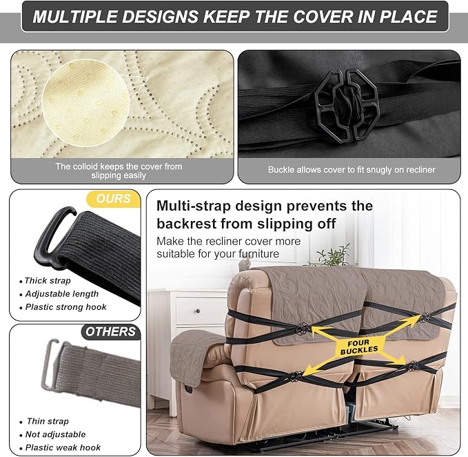 100% Waterproof Loveseat Recliner Cover, 4-Piece Split Reclining Couch Covers - Image 5