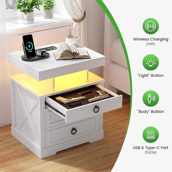 HNEBC Night Stand with Gun Drawers, Farmhouse Nightstand with Charging Station - Image 4