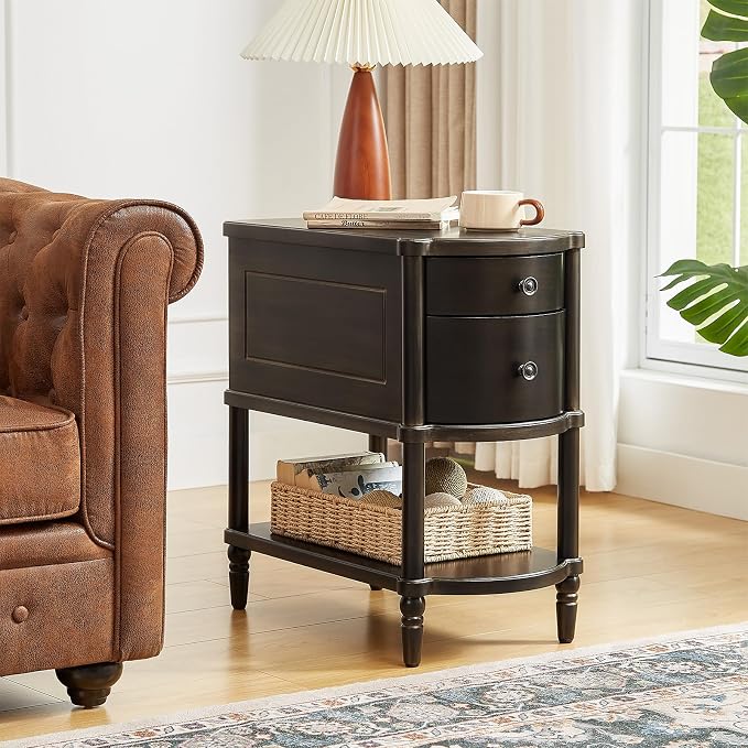 ONBRILL Narrow End Table with Charging Station, Pre-Assembled Nightstand with 2 by ONBRILL