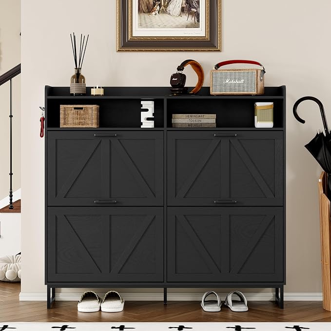 BORNOON Shoe Cabinet with 4 Flip Drawers Narrow Shoe Storage Cabinet Organizer - Image 4
