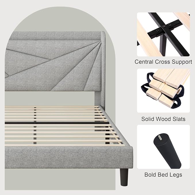 Feonase Queen Bed Frame with Charging Station, Linen Upholstered Platform - Image 7