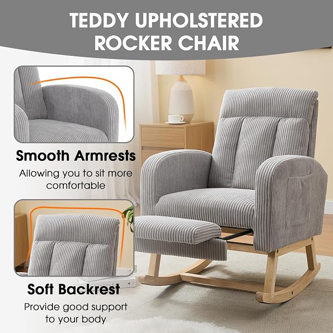 NIOIIKIT Nursery Rocking Chair, Corduroy Upholstered Rocking Chair - Image 6