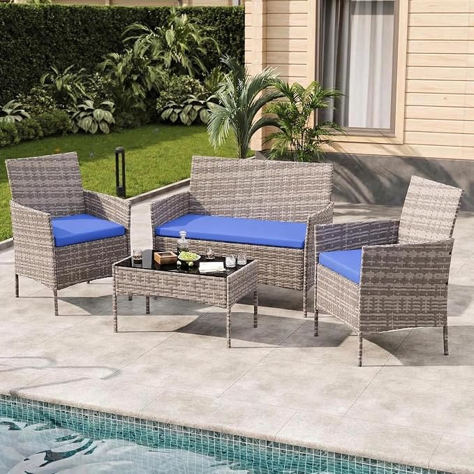 4-Piece Outdoor Furniture Set, PE Rattan Wicker Chairs by Unknown