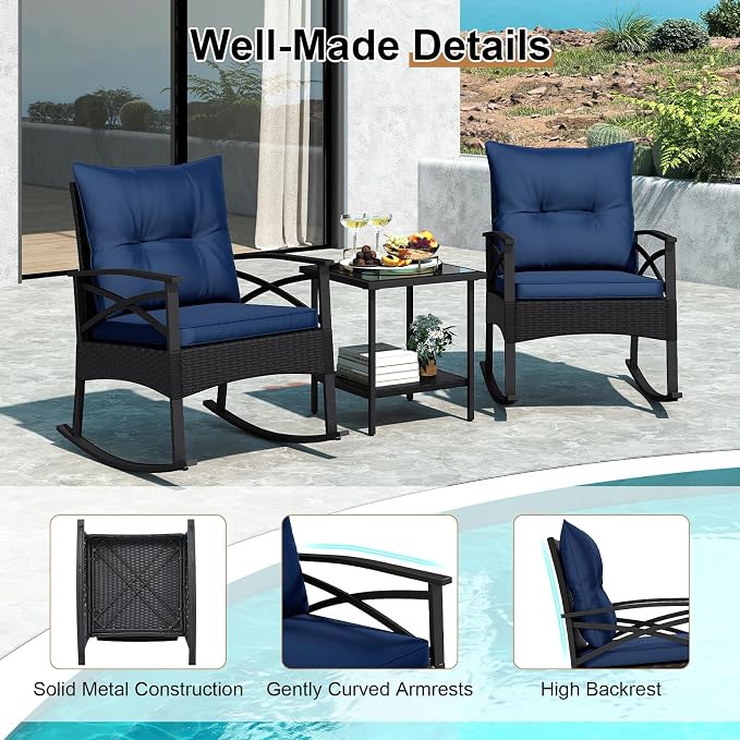 Tangkula 3 Pieces Outdoor Rocking Chairs Set, Rattan Heavy Duty Cushioned - Image 9