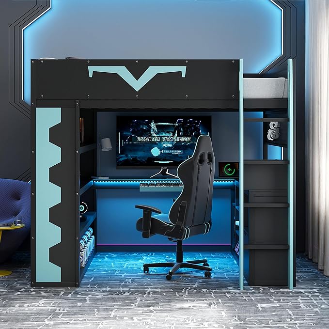 Full Size Gaming Loft Bed with Integrated Desk & RGB LED Lights, Pro-Gamer Bunk - Image 2
