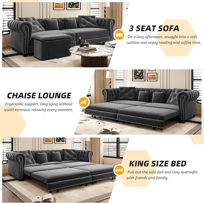89" Velvet Pull Out Sofa Bed - Image 3