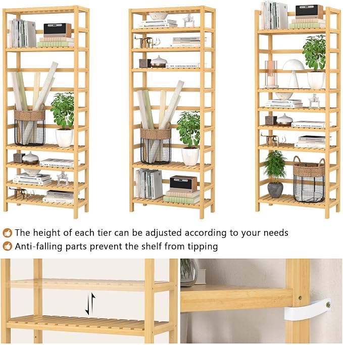 Homykic 6-Tier Bamboo Bookshelves and Bookcases, Adjustable 63.4”Tall Shallow - Image 7